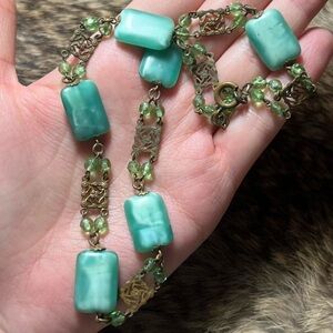 Blue lucite and crystal open work metal choker necklace